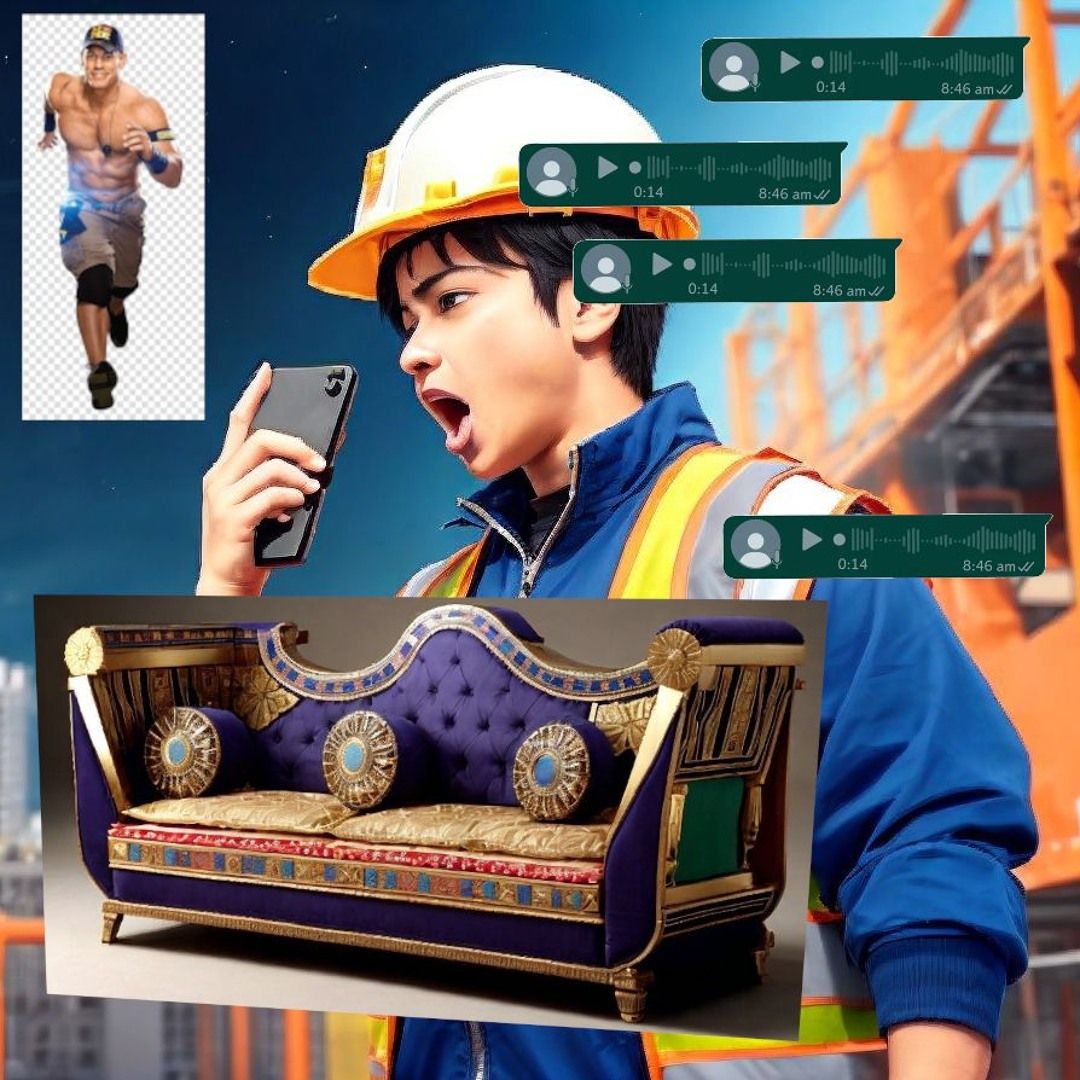 Una persona cridant a un Telèfon, sobreposades, imatges de notes de veu, un sofà i en John Cena.